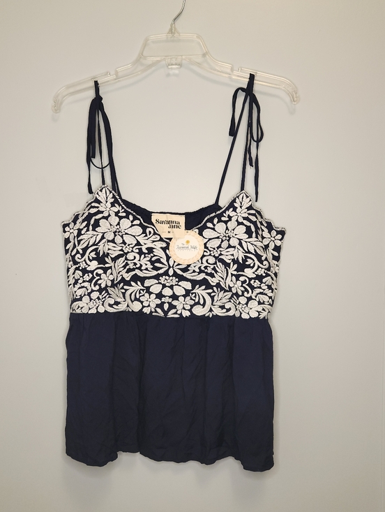 Savanna Jane Tops - Savanna Jane Navy Floral Embroidered Tie-Strap Tank Top Size Medium NWT